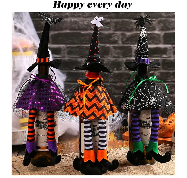 Halloween Witch Hat Set Orange Striped Long Leg Wine Bottle Decor — feature 1