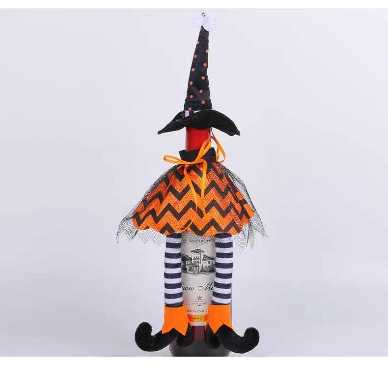 Halloween Witch Hat Set Orange Striped Long Leg Wine Bottle Decor — feature 10