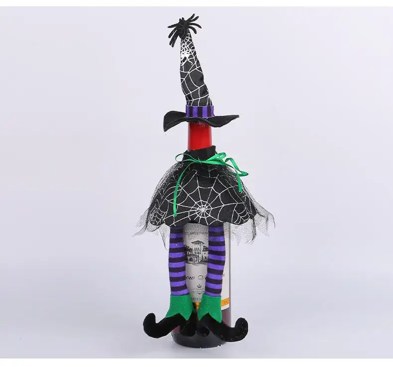 Halloween Witch Hat Set Orange Striped Long Leg Wine Bottle Decor — feature 11
