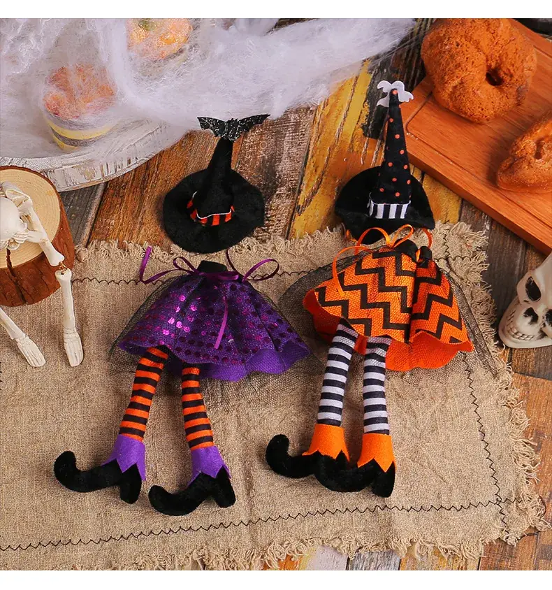 Halloween Witch Hat Set Orange Striped Long Leg Wine Bottle Decor — feature 5
