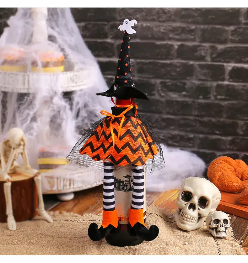 Halloween Witch Hat Set Orange Striped Long Leg Wine Bottle Decor — feature 6