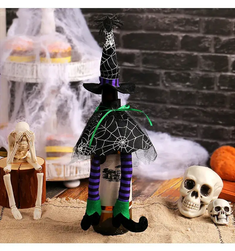 Halloween Witch Hat Set Orange Striped Long Leg Wine Bottle Decor — feature 7