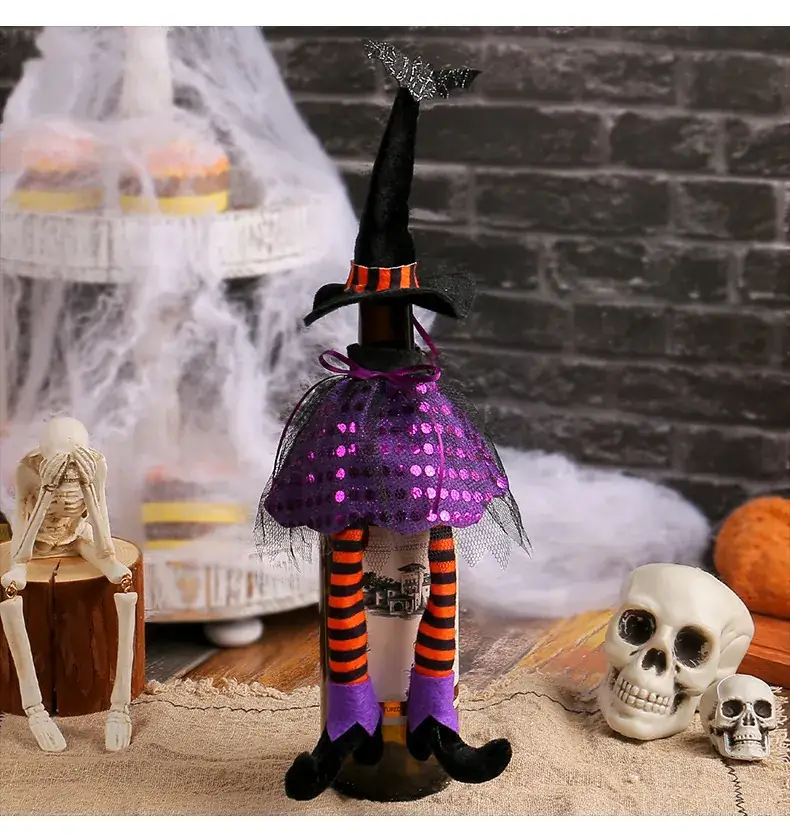 Halloween Witch Hat Set Orange Striped Long Leg Wine Bottle Decor — feature 8