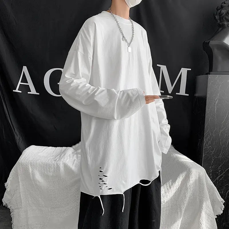 Men White Long Sleeve Holes T-Shirt 2024 - Image 5