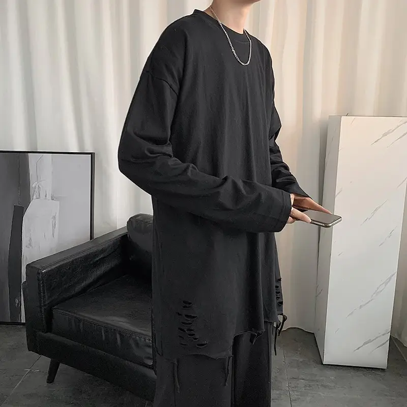 Men White Long Sleeve Holes T-Shirt 2024 - Image 6