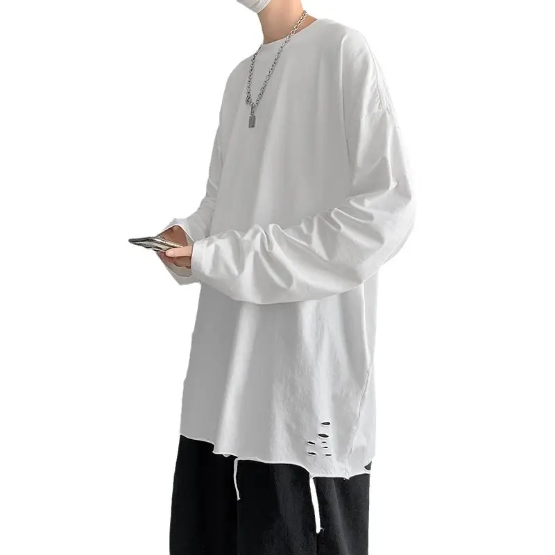 Men White Long Sleeve Holes T-Shirt 2024 - Image 7