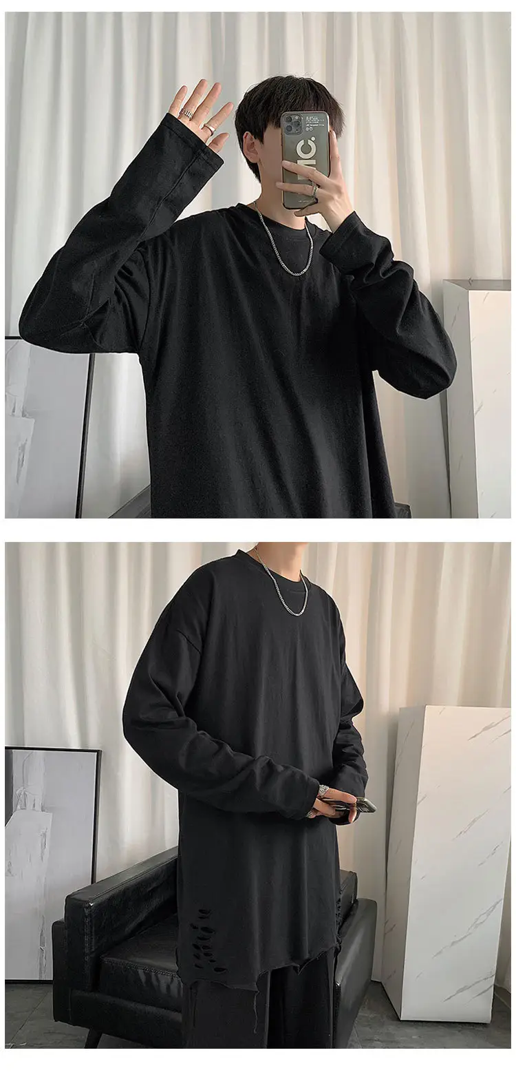Men White Long Sleeve Holes T-Shirt 2024 — feature 13