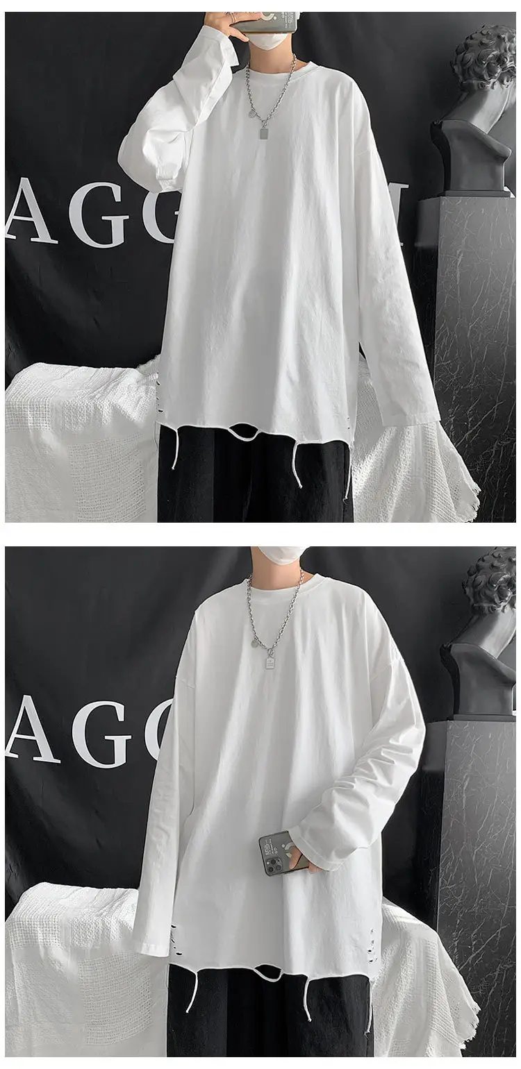 Men White Long Sleeve Holes T-Shirt 2024 — feature 3