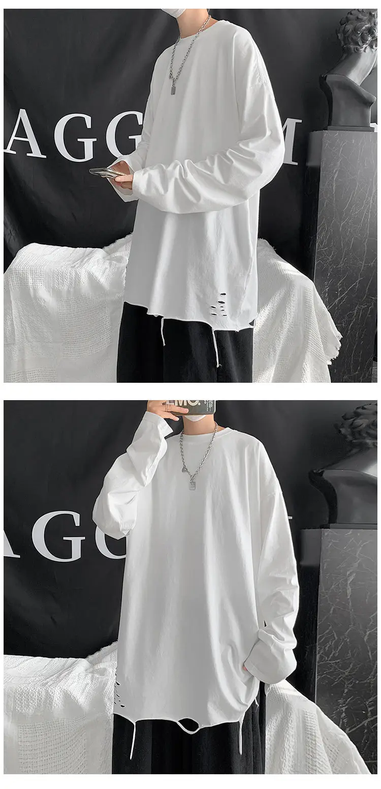 Men White Long Sleeve Holes T-Shirt 2024 — feature 5