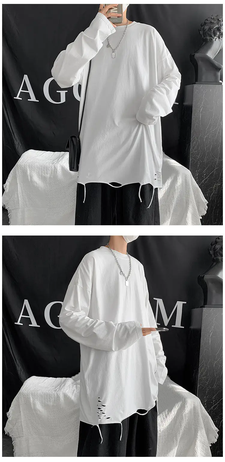 Men White Long Sleeve Holes T-Shirt 2024 — feature 8