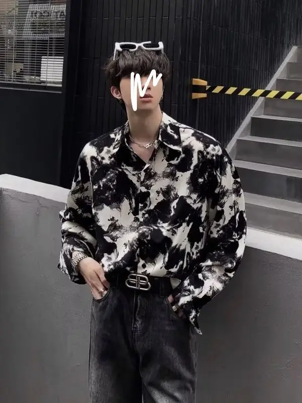 Men's Ink Tie-Dye Long Sleeve Shirt Korean Style - Image 4