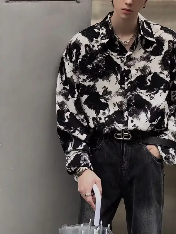 Men's Ink Tie-Dye Long Sleeve Shirt Korean Style - Image 5