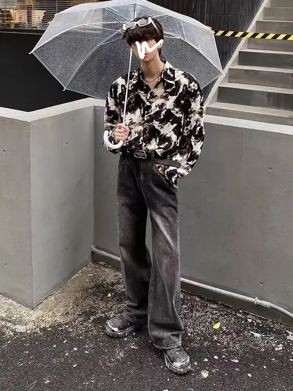 Men's Ink Tie-Dye Long Sleeve Shirt Korean Style - Image 6