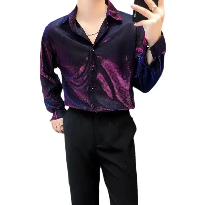 Men's Sequin Button Shirt Purple Black Cool Ruffian