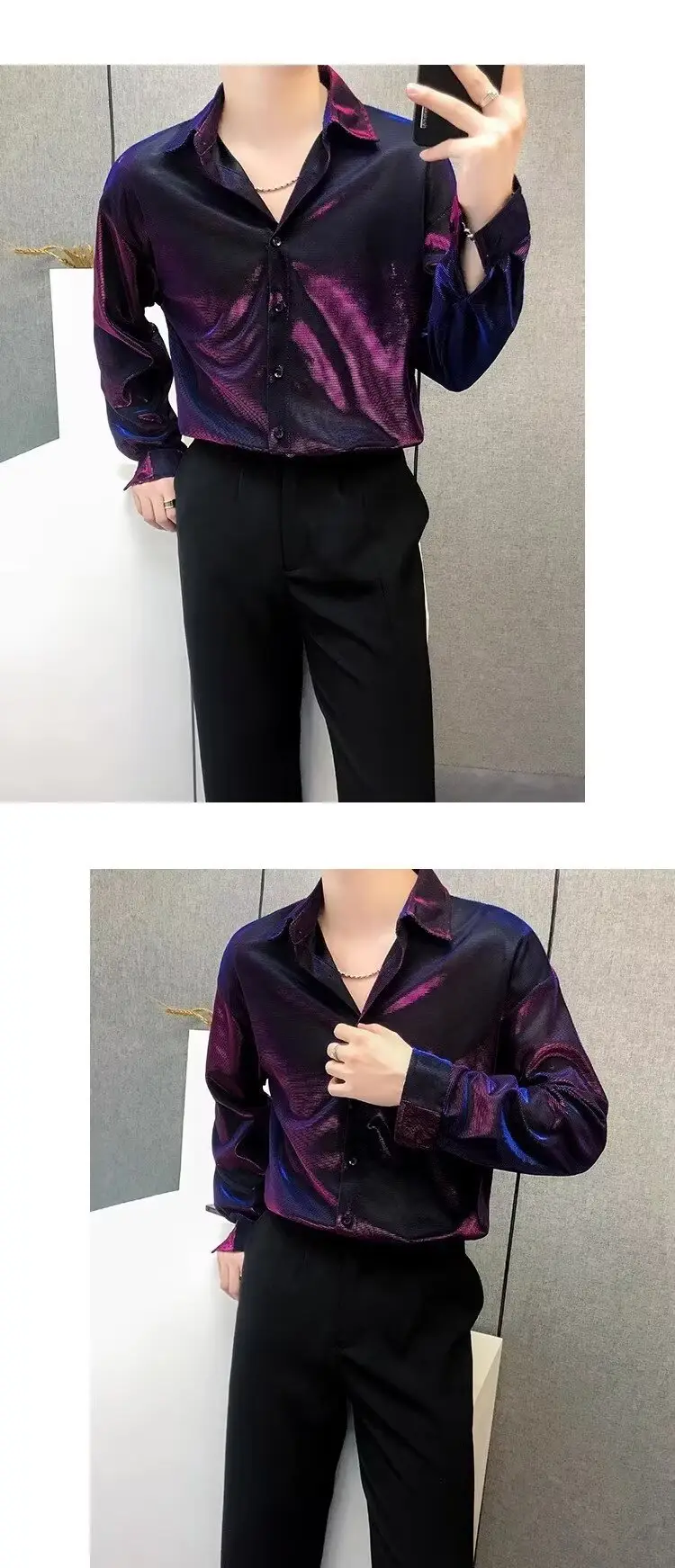 Men's Sequin Button Shirt Purple Black Cool Ruffian — feature 5