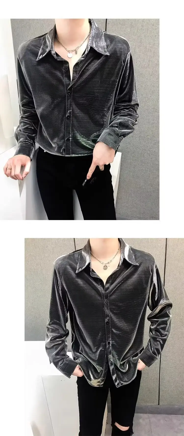 Men's Sequin Button Shirt Purple Black Cool Ruffian — feature 7