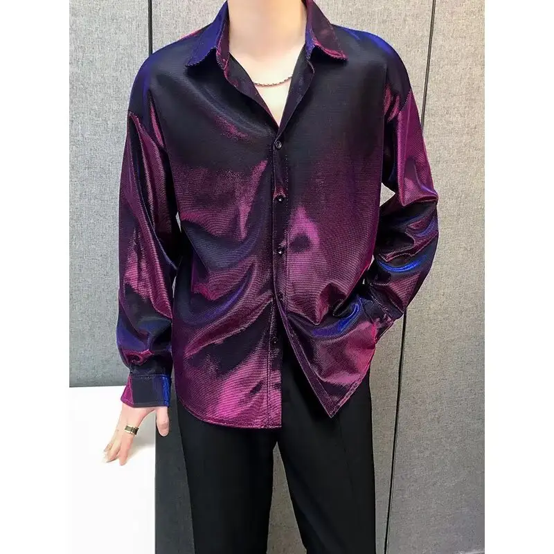 Men's Sequin Button Shirt Purple Black Cool Ruffian