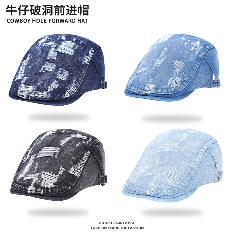 New Vintage Washed Hole Denim Beret for Men Women Spring Autumn - Image 5