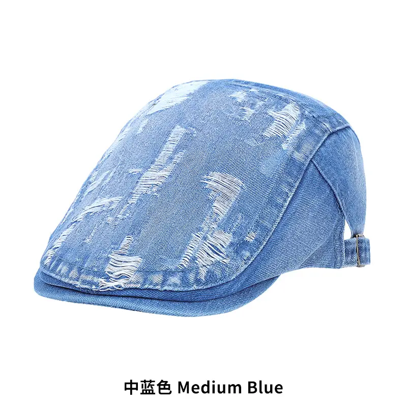 New Vintage Washed Hole Denim Beret for Men Women Spring Autumn - Image 3