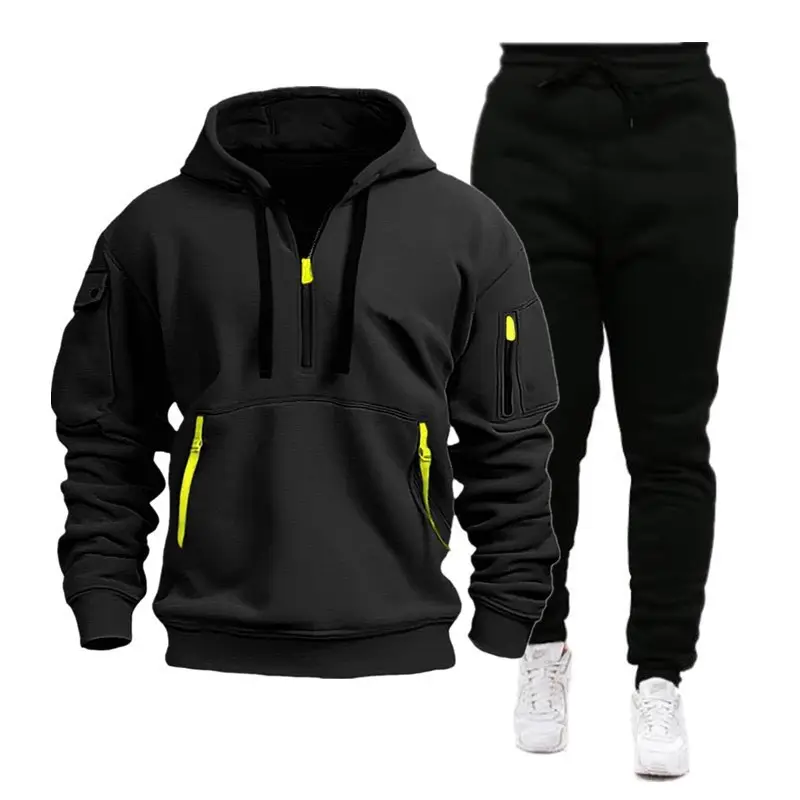 Men's Brown Hoodie & Black Sweatpants Set Winter Sportswear
