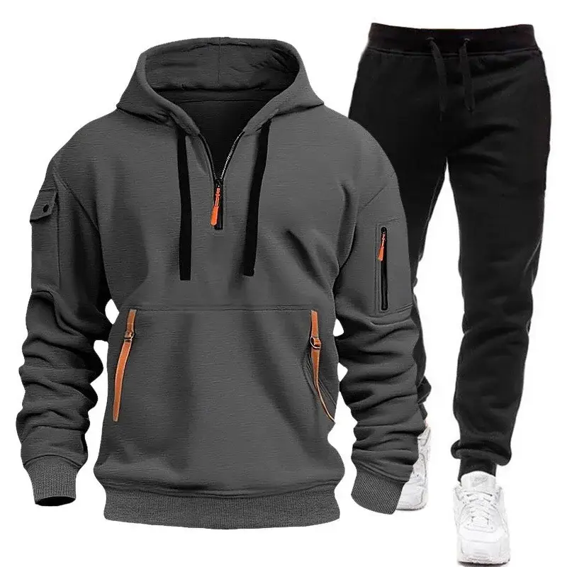 Men's Brown Hoodie & Black Sweatpants Set Winter Sportswear — feature 11