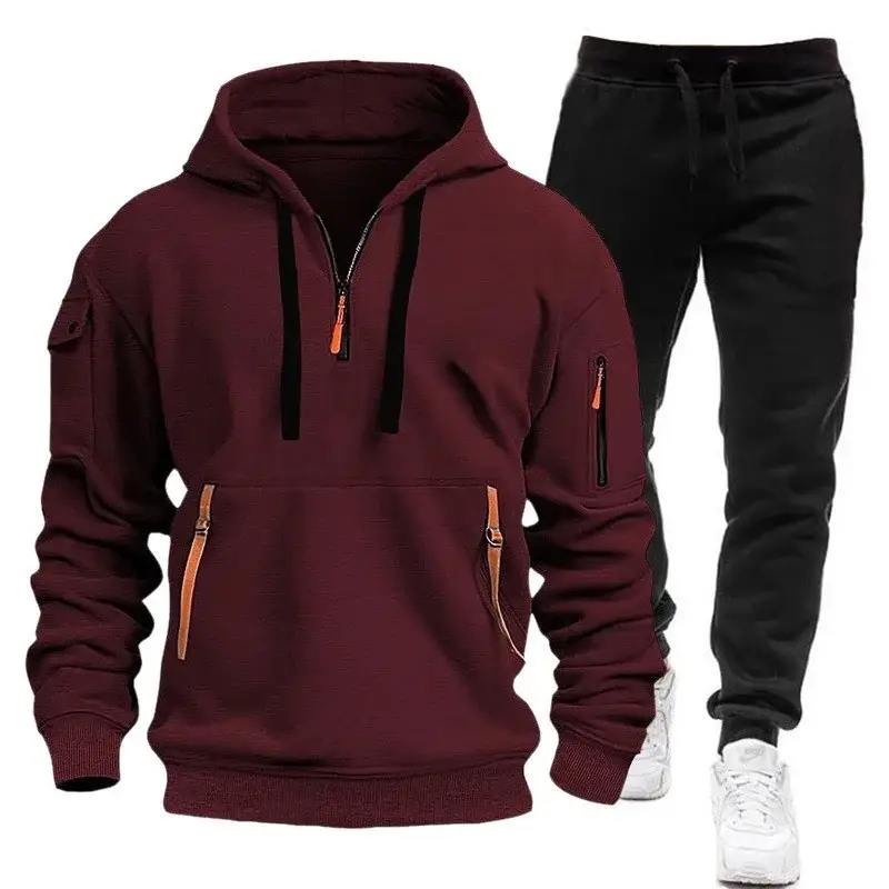 Men's Brown Hoodie & Black Sweatpants Set Winter Sportswear — feature 12