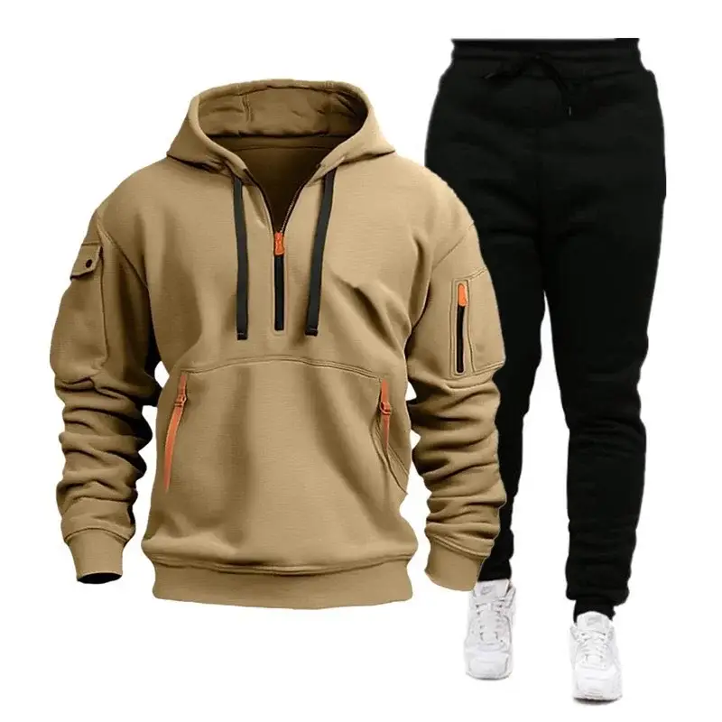 Men's Brown Hoodie & Black Sweatpants Set Winter Sportswear — feature 7