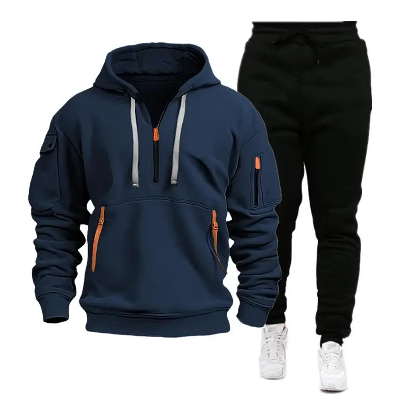 Men's Brown Hoodie & Black Sweatpants Set Winter Sportswear