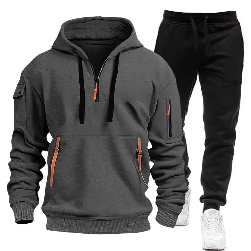 Men's Brown Hoodie & Black Sweatpants Set Winter Sportswear