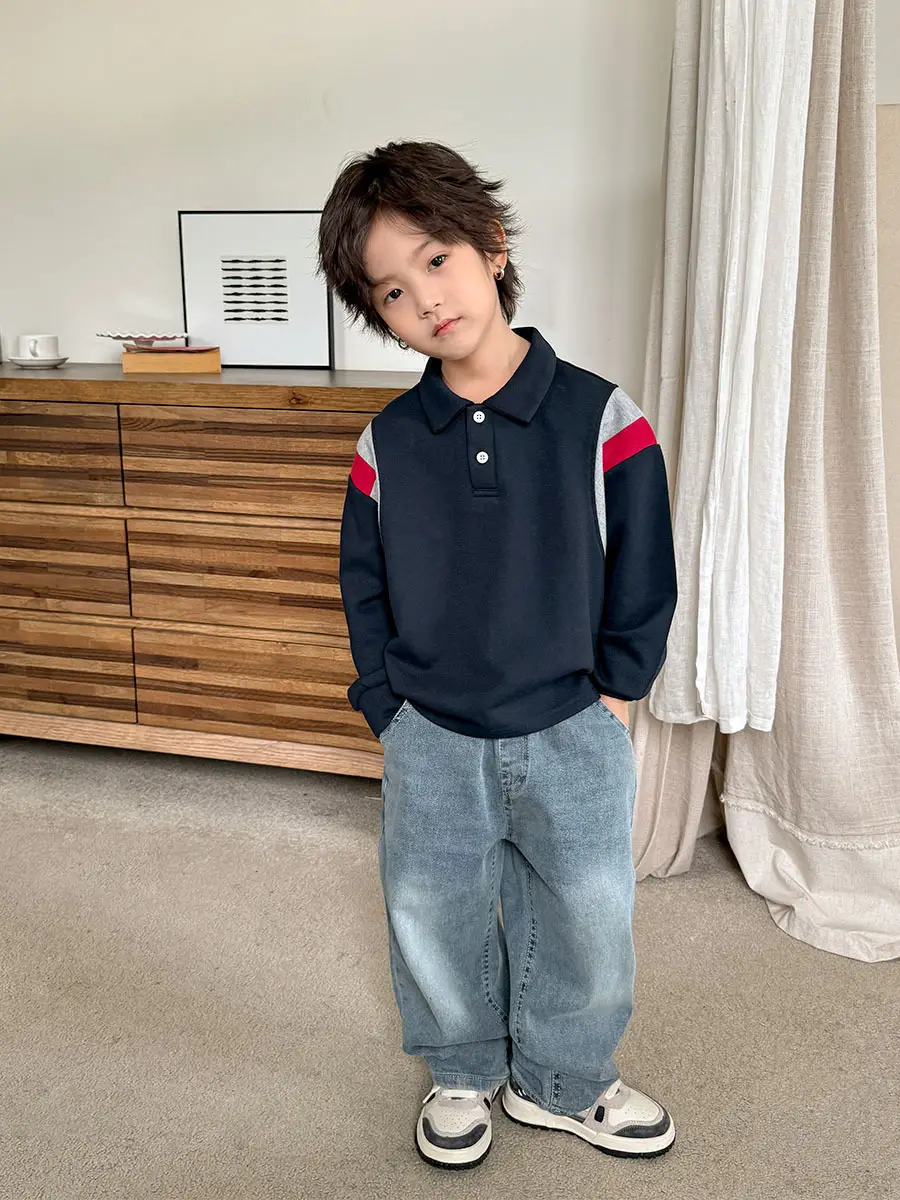 2025 New Boys Korean Lapel POLO Shirt Black Red Grey - Image 3