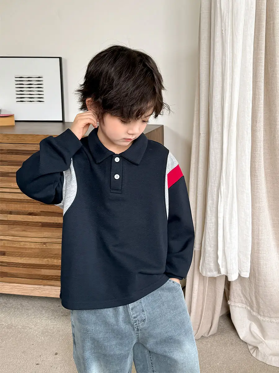 2025 New Boys Korean Lapel POLO Shirt Black Red Grey - Image 5