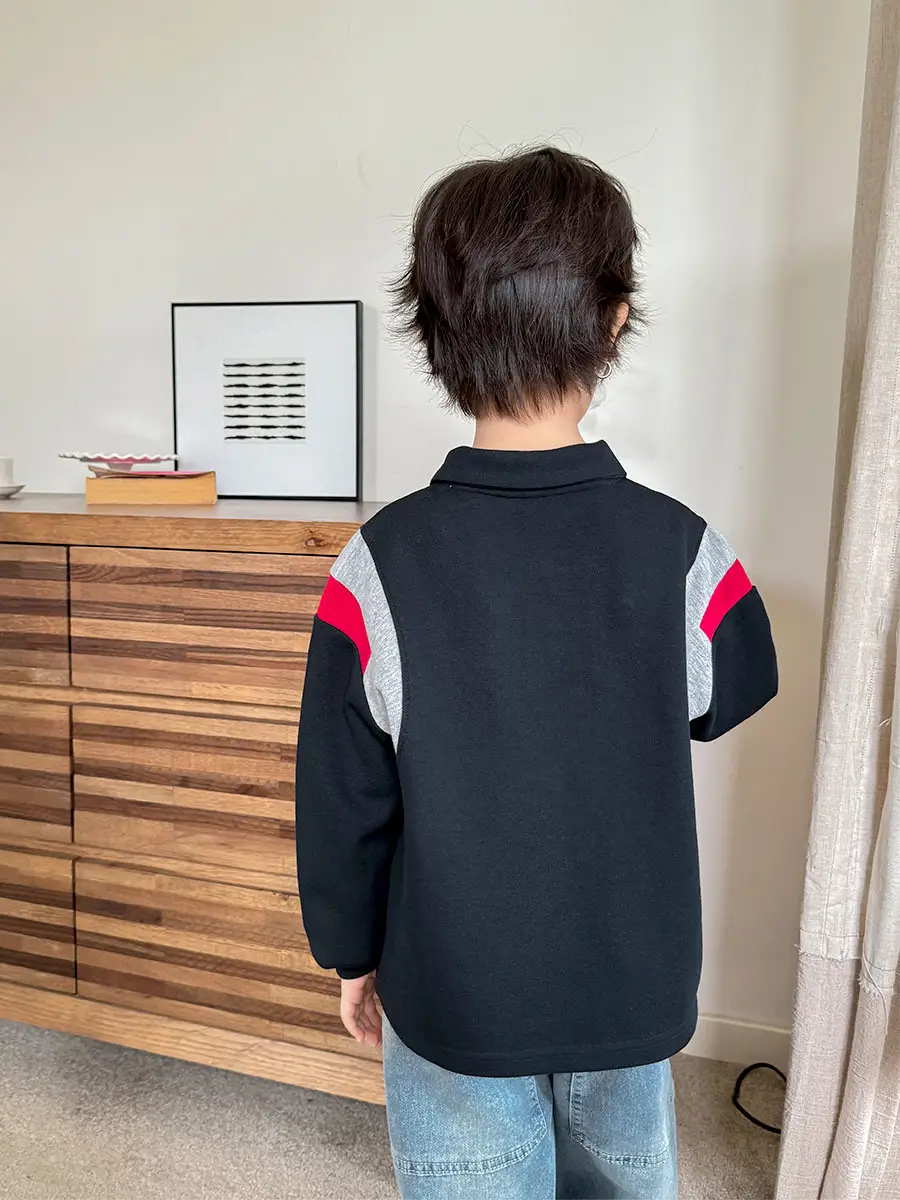 2025 New Boys Korean Lapel POLO Shirt Black Red Grey - Image 6