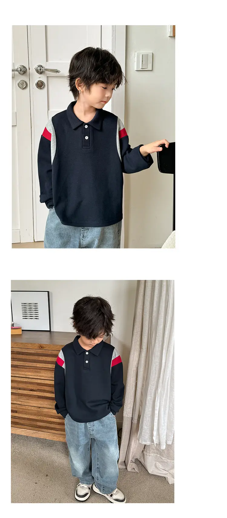 2025 New Boys Korean Lapel POLO Shirt Black Red Grey — feature 10