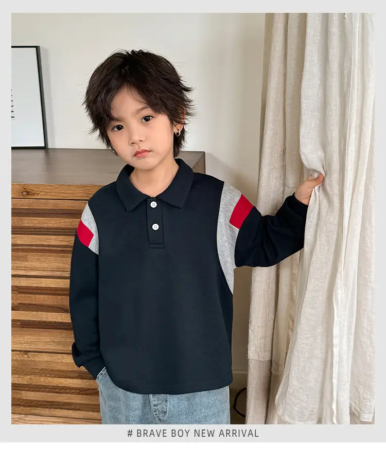 2025 New Boys Korean Lapel POLO Shirt Black Red Grey — feature 2