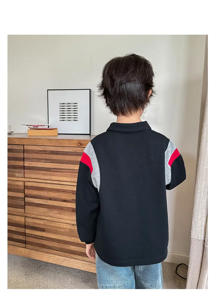 2025 New Boys Korean Lapel POLO Shirt Black Red Grey — feature 8