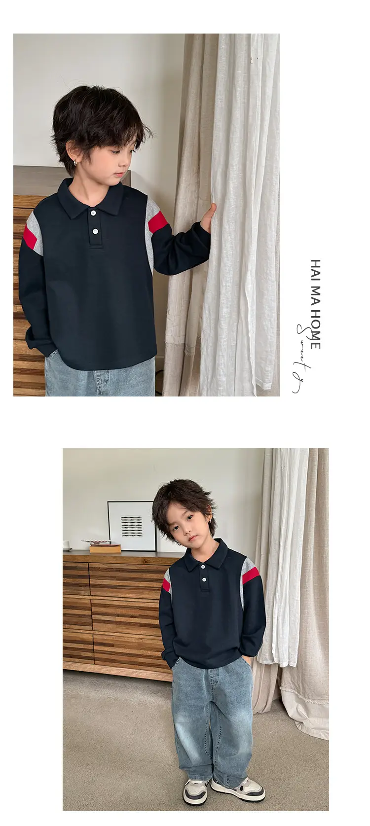2025 New Boys Korean Lapel POLO Shirt Black Red Grey — feature 9