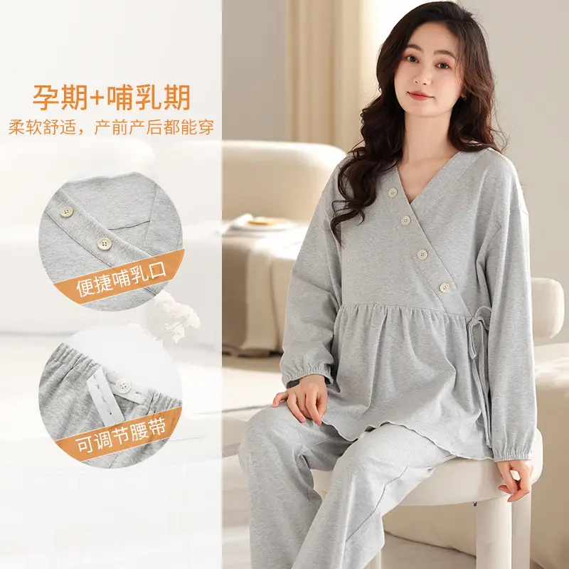 Lu Shi Postpartum Clothing Summer Thin Style Pure Cotton with Breast Pads Nursing Pajamas Pregnancy Maternity Spring and Autumn Loungewear