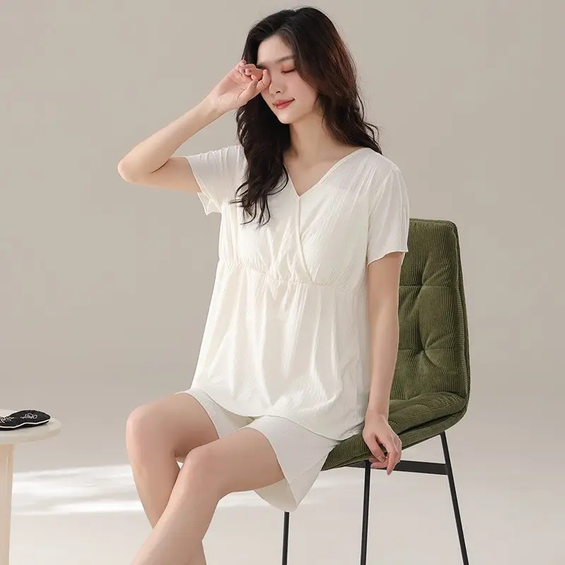 Lu Shi Postpartum Clothing Summer Thin Style Pure Cotton with Breast Pads Nursing Pajamas Pregnancy Maternity Spring and Autumn Loungewear