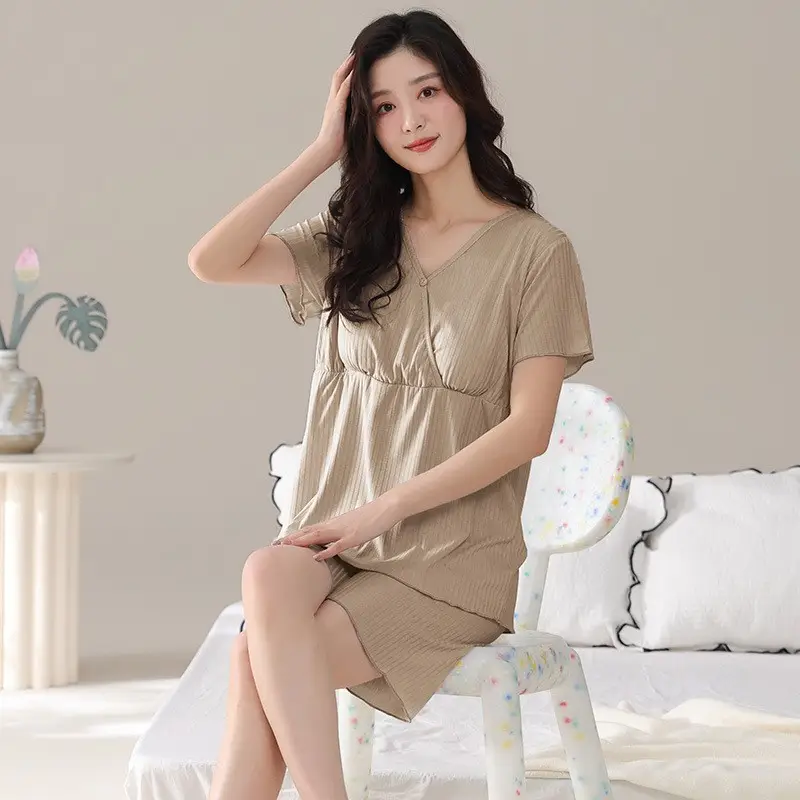 Lu Shi Postpartum Clothing Summer Thin Style Pure Cotton with Breast Pads Nursing Pajamas Pregnancy Maternity Spring and Autumn Loungewear