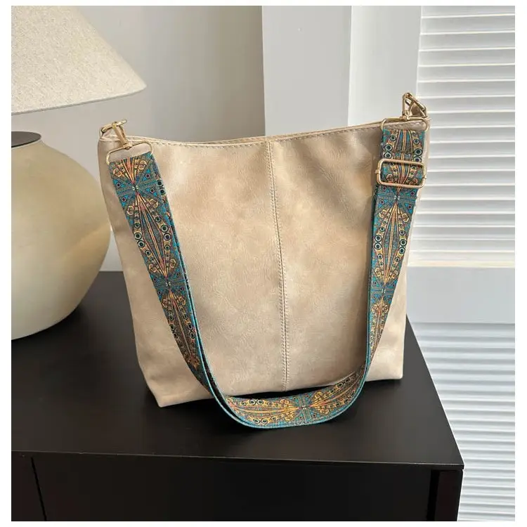 Vintage Brown Leather Shoulder Bag with Blue Patterned Strap