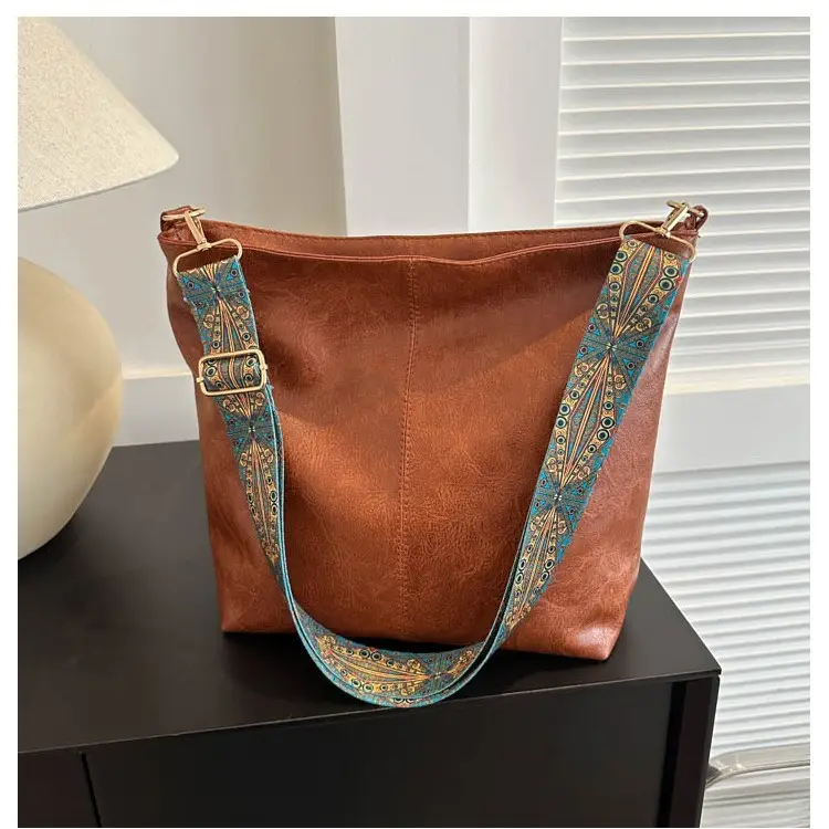 Vintage Brown Leather Shoulder Bag with Blue Patterned Strap