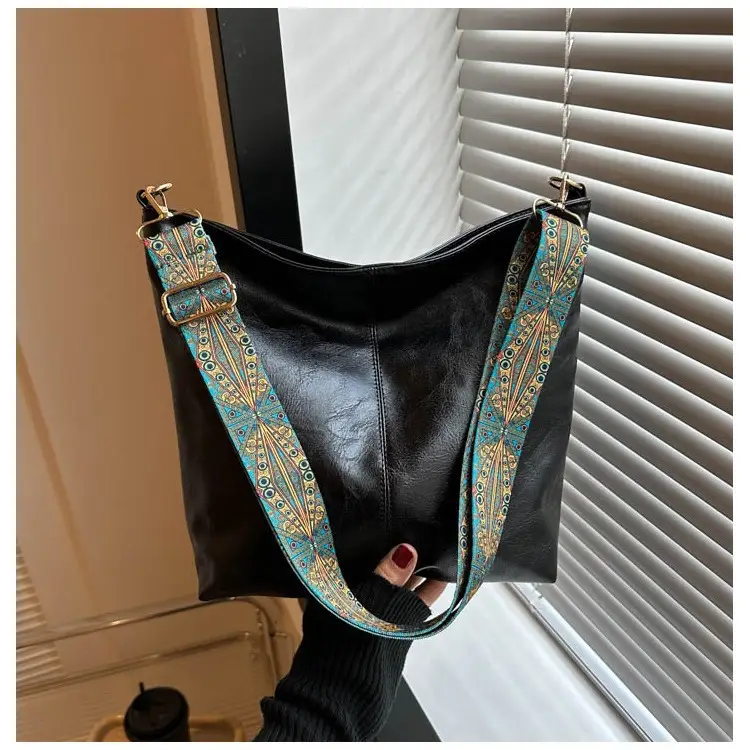 Vintage Brown Leather Shoulder Bag with Blue Patterned Strap