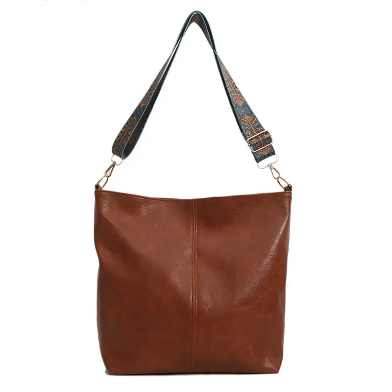 Vintage Brown Leather Shoulder Bag with Blue Patterned Strap