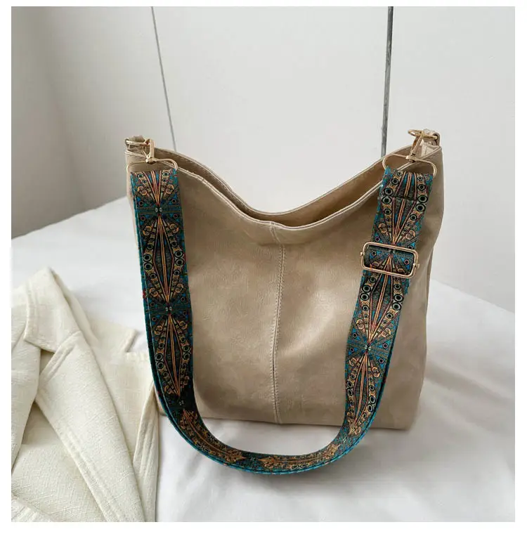 Vintage Brown Leather Shoulder Bag with Blue Patterned Strap