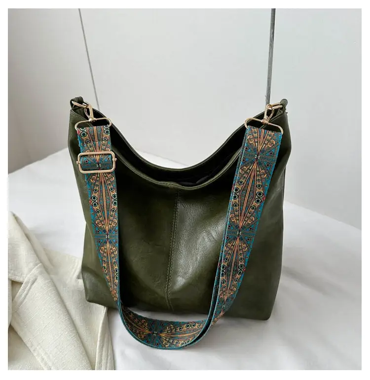 Vintage Brown Leather Shoulder Bag with Blue Patterned Strap