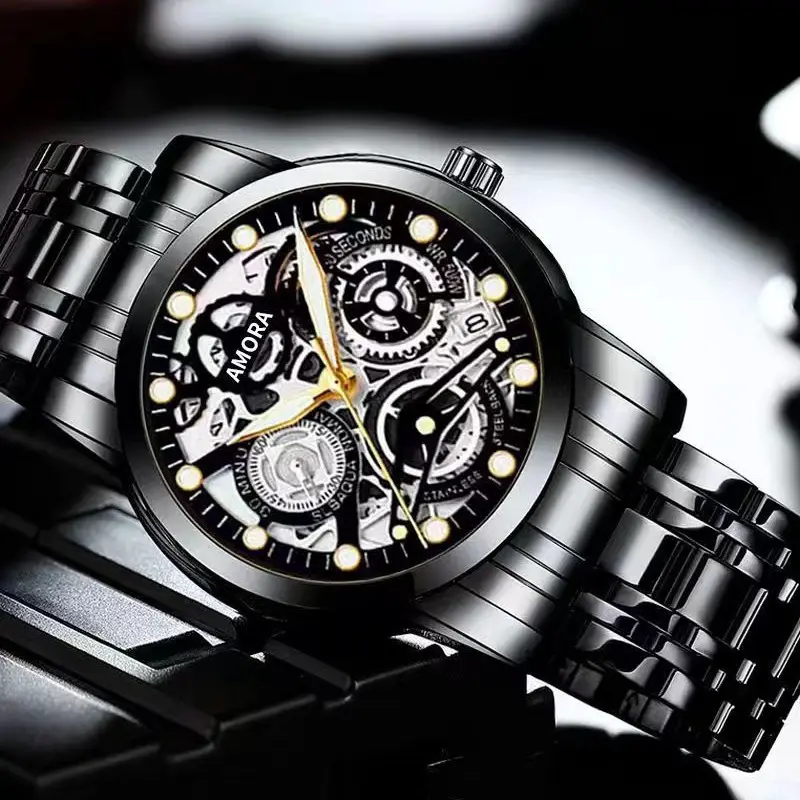 Luxury Skeleton Quartz Watch Black Gold Mechanical Gift - Image 11