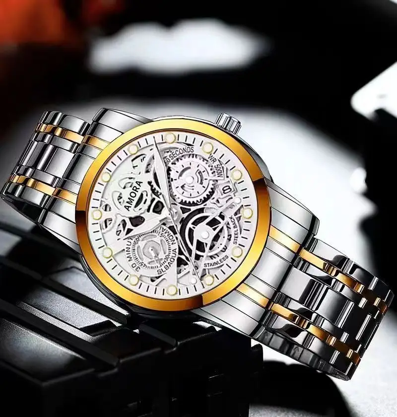Luxury Skeleton Quartz Watch Black Gold Mechanical Gift — feature 10