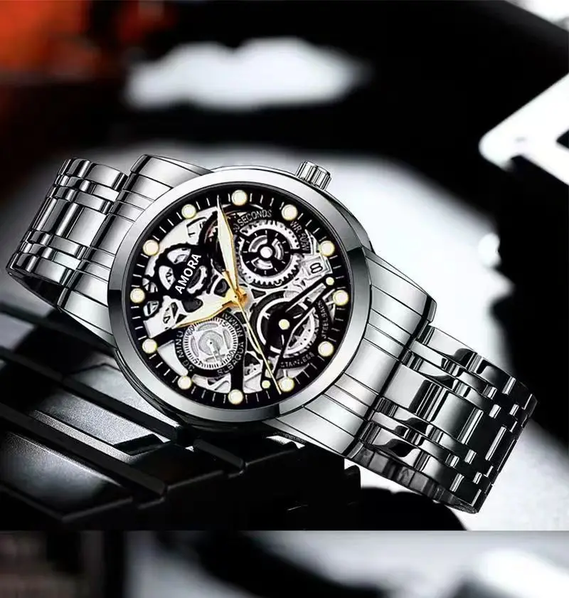 Luxury Skeleton Quartz Watch Black Gold Mechanical Gift — feature 11