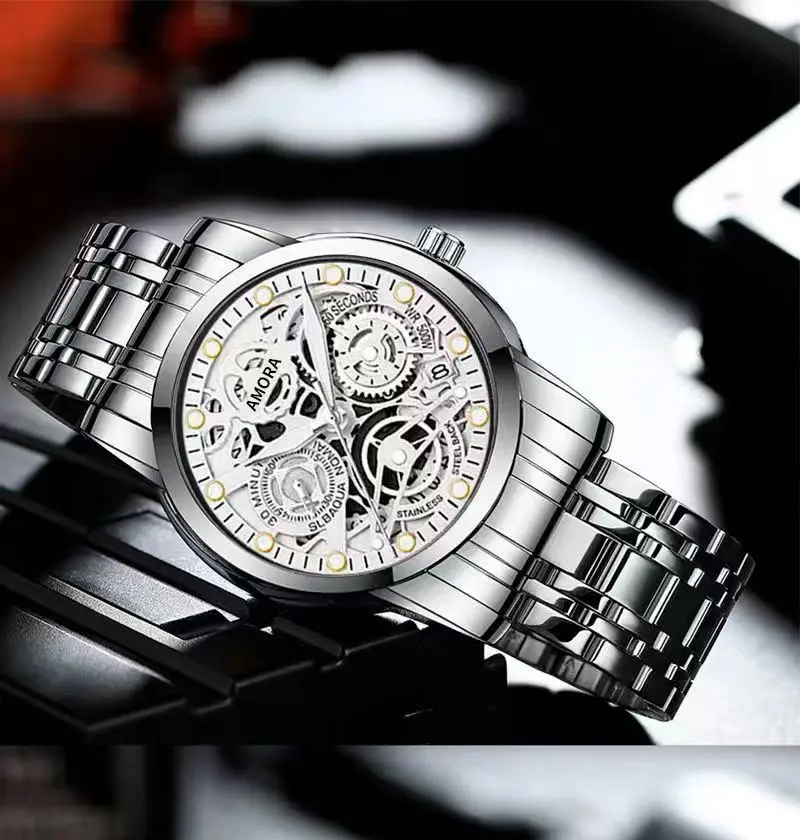 Luxury Skeleton Quartz Watch Black Gold Mechanical Gift — feature 12