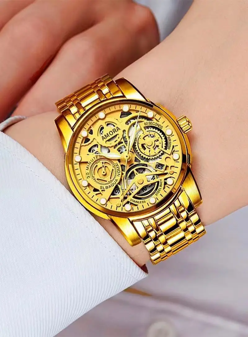 Luxury Skeleton Quartz Watch Black Gold Mechanical Gift — feature 15